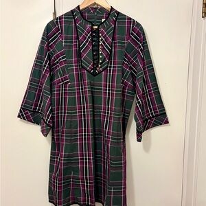 Tuckernuck Plaid Mini Dress with Velvet Trim and Gold Button Details